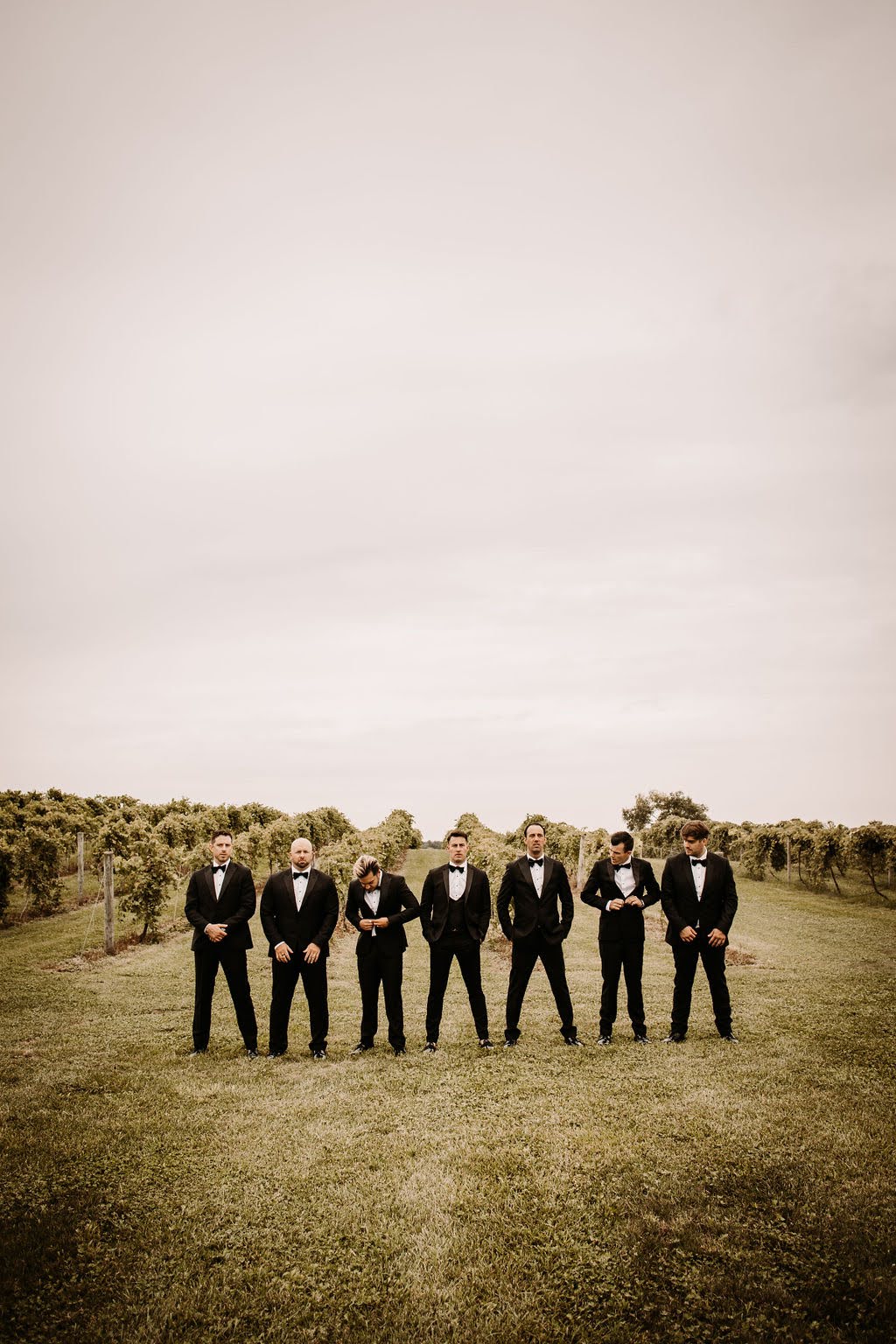 Groom and groomsmen with vineyard backdrop at Providence Vineyard wedding venue