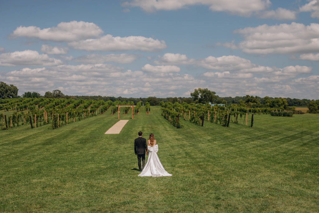 Bride and groom facing vines at Providence Vineyard wedding venue