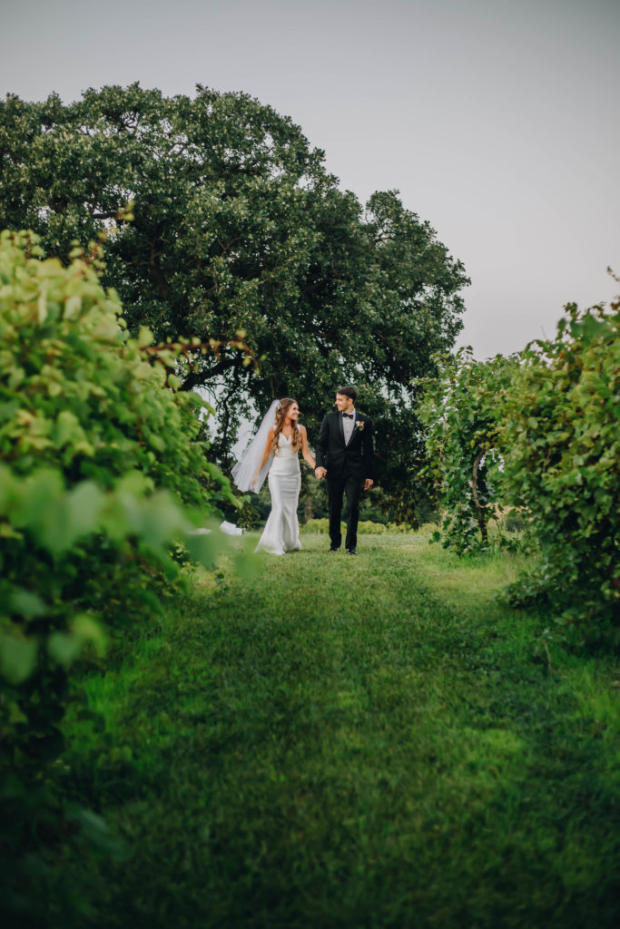 Bride and groom in front of oak tree in vines at Providence Vineyard wedding venue