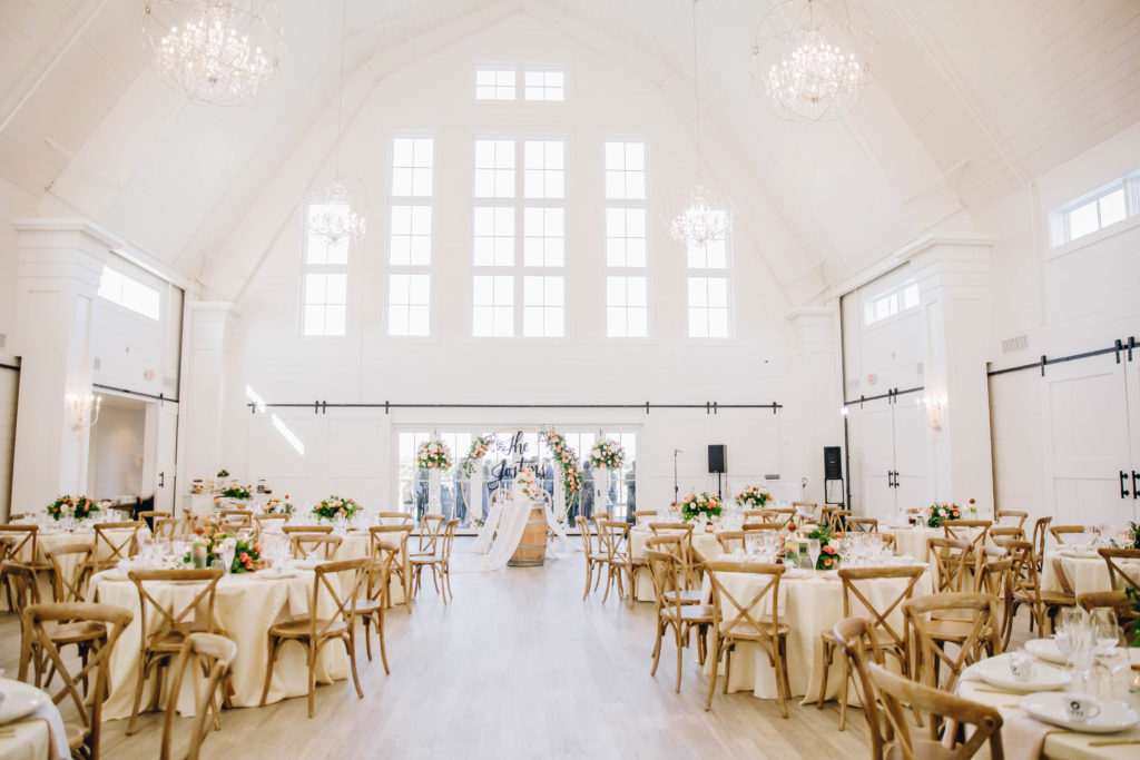 Indoor space white barn wedding reception at Providence Vineyard Wedding Venue