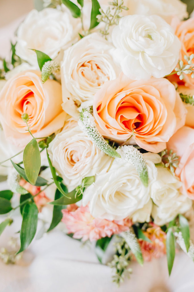 Floral boquet peach white at wedding at Providence Vineyard Wedding Venue