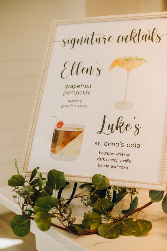 signature cocktail sign at wedding at wedding at Providence Vineyard Wedding Venue