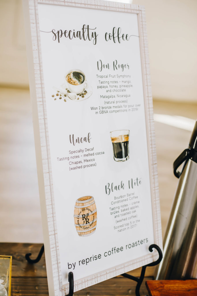 signature coffee specialty drinks at wedding at Providence Vineyard Wedding Venue