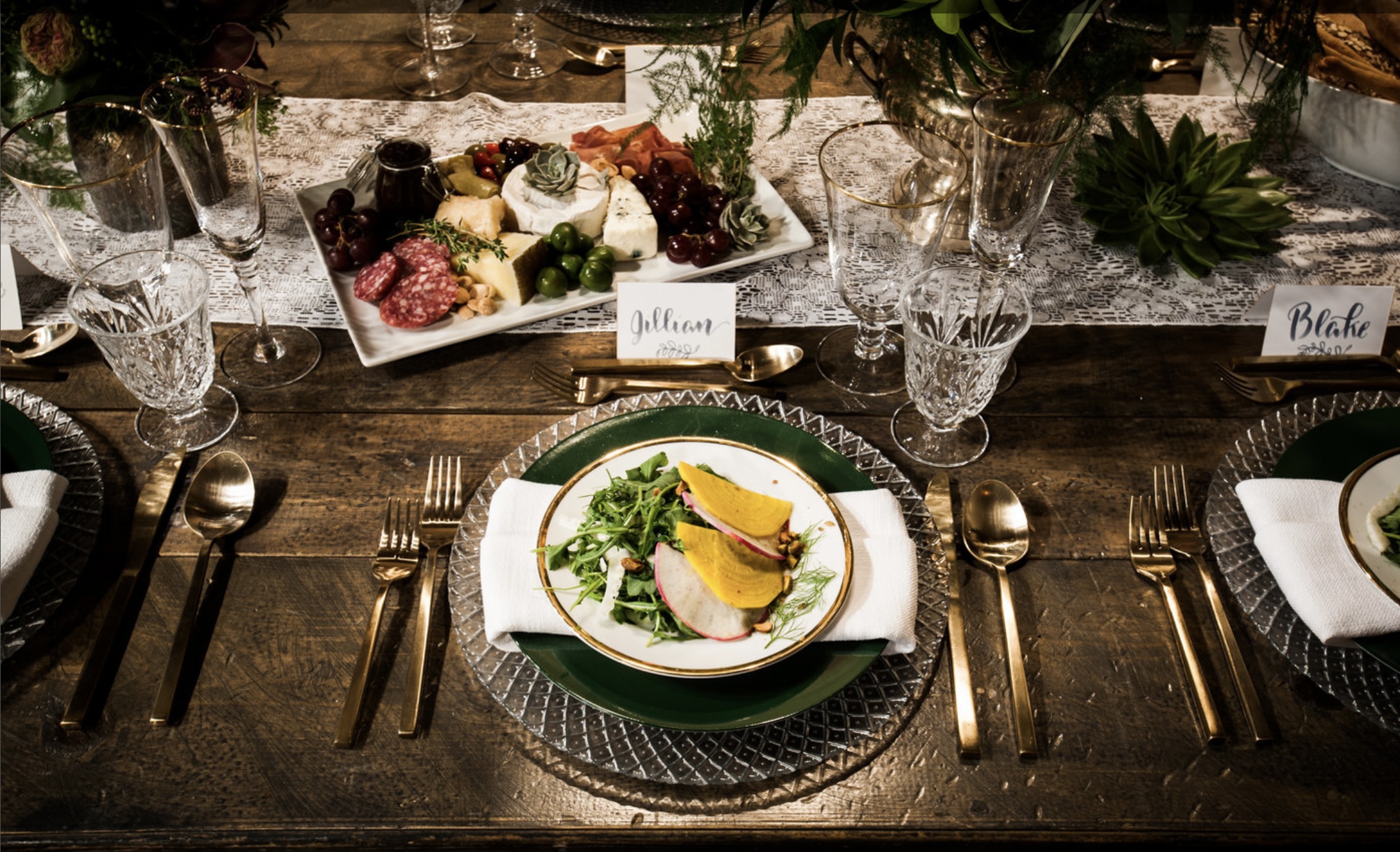 Wedding tablescape with plated salad